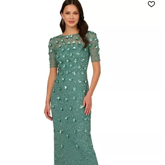 blue dress for baby girl Hand Beaded Short Sleeve Floral Godet Gown In Dusty Emerald main image 0